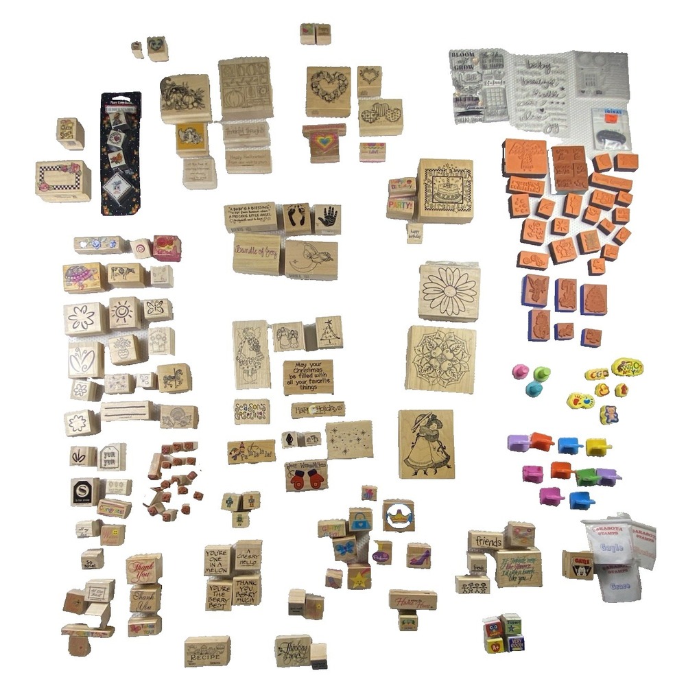 Mixed Assorted Huge Lot Vintage Wooden & Plastic Handle Rubber Stamps